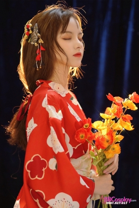 Yukata Chuẩn Nhật Đỏ Hoa Đào