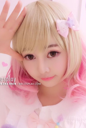 Tóc Giả 2 Màu Vàng Hồng Xoăn Đuôi