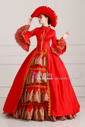 Trang Phục Nữ Bá Tước Đỏ Ren Vàng Đồng