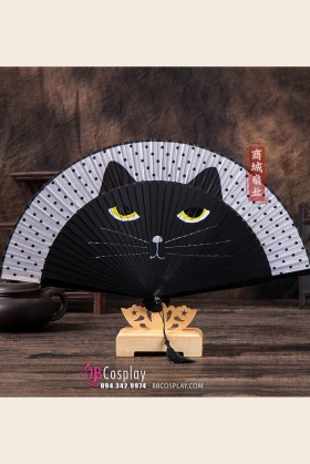 Quạt Gỗ Nhật Đen - Mèo May Mắn