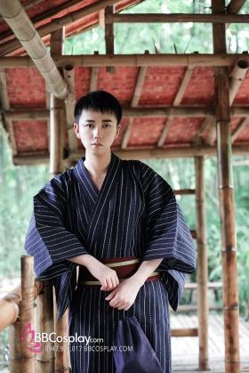 Yukata Nhật Xanh Đen Obi Đỏ Đô Viền Vàng