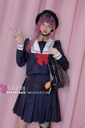 Váy Nữ Sinh Xanh Đen Nơ Đỏ Tay Dài