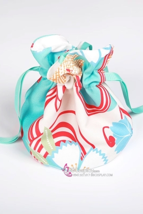 Túi Kinchaku - Túi Thơm Đi Kèm Yukata Nhật Xanh Phối Hoa