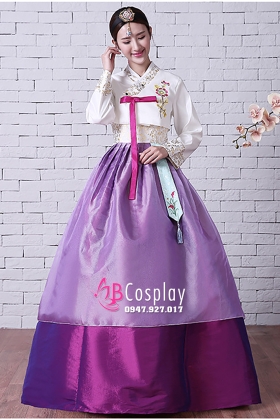 Trang Phục Hanbok HQ Áo Thêu Váy 2 Tầng Hồng Tím