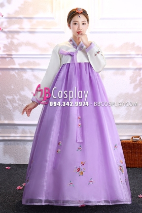 Hanbok Hàn Quốc Voan Áo Trắng Váy Tím