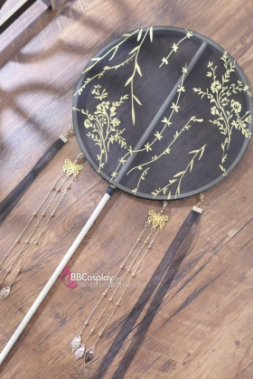 Quạt Mỹ Nhân Cán Dài Nền Đen Nhũ Vàng