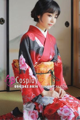 Đồ Kimono Chuẩn Nhật Hoa Đào Đỏ Phối Đen