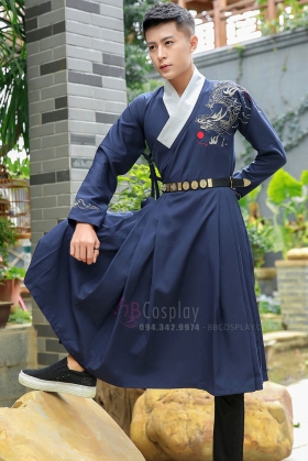 Hán Phục Nam Cách Tân Xanh Đậm Thêu Rồng