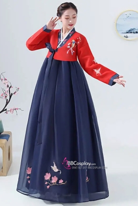 Hanbok Hàn Quốc Áo Đỏ Váy Xanh Thêu Phụng