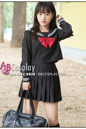 Đồ Seifuku Nữ Sinh Tay Dài Áo Đen Váy Đen - 3 Sọc
