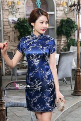 Sườn Xám Thượng Hải Ngắn Xanh Hoa Mai