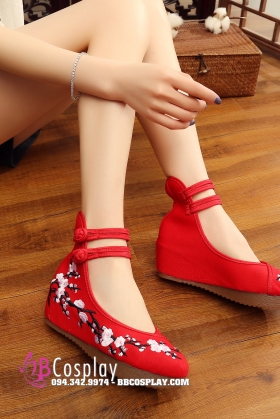 Giày Thêu Hán Phục Hoa Đào Đế Cao 5cm Size 37-38