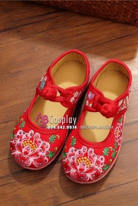 Hài Vải Trẻ Em Đỏ Thêu Hoa Size 31