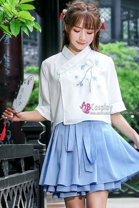 Hán Phục Cách Tân Tiểu Ái Áo Trắng Váy Xanh