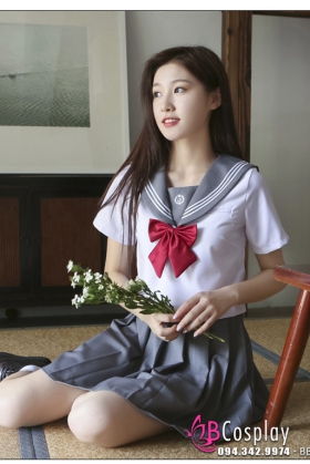 Đồng Phục Nữ Sinh Nhật Bản Trắng Phối Xám