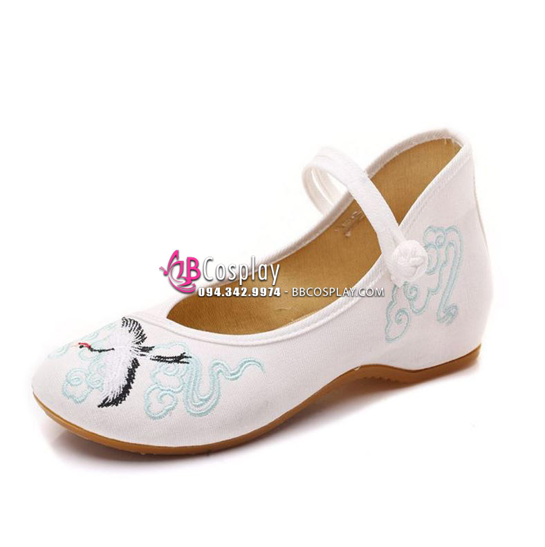 Giày Thêu Vải Hán Phục Chim Hạc Mũi Bale Cao 4.5cm Size 38