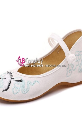 Giày Thêu Vải Hán Phục Chim Hạc Mũi Bale Cao 4.5cm Size 38
