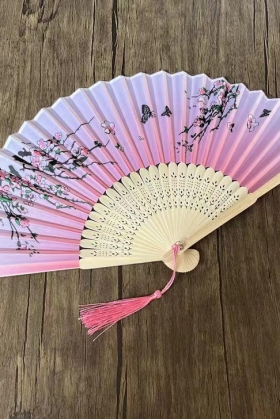 Uchiwa Quạt Vải Nhật Bản Hồng Nhánh Đào Và Bướm Lượn