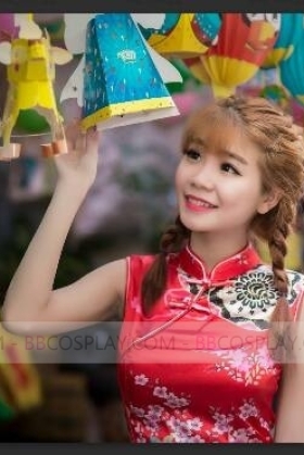 Sườn Xám Đỏ Hoa Ngắn