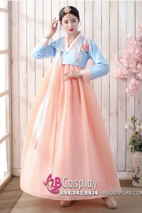 Hanbok Hàn Quốc Áo Xanh Váy Cam Đào