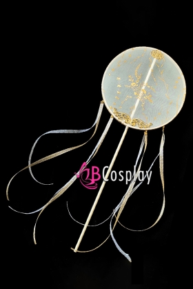 Quạt Mỹ Nhân Trắng Cán Dài - Hoa Rơi Vàng