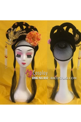 Búi Tóc Giả Cổ Trang Phượng Hoàng- Hoa Mẫu Đơn Cam