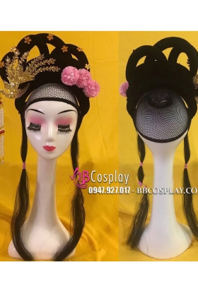Búi Tóc Giả Cổ Trang Phượng Hoàng - Hoa Cúc Hồng