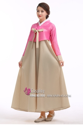Hanbok Hàn Quốc Áo Hồng Váy Màu Vàng Đồng