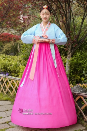 Trang Phục Hanbok HQ Đẹp Áo Xanh Váy Hồng Viền Carot Thêu Hoa