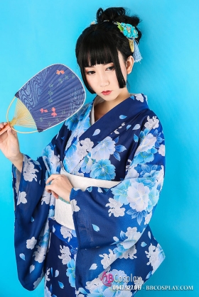 Yukata Xanh Dương Nền Hoa - Thắt Lưng Trắng