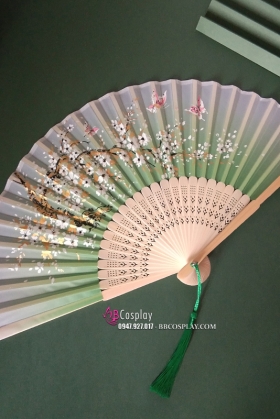 Quạt Xếp Bướm Hoa Nền Xanh