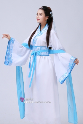 Trang Phục Hằng Nga - Màu Trắng Viền Xanh Gấm