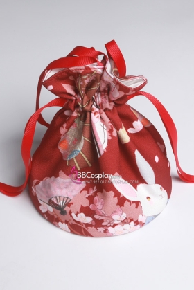 Túi Kinchaku - Túi Kimono Yukata Đỏ Đô Thỏ Và Hoa