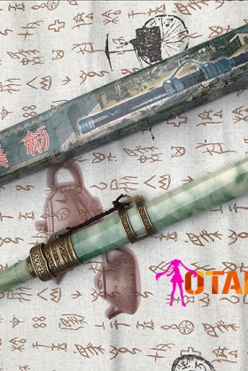 Kiếm Hán Phong Thủy Hoạ Tiết Mã Não Xanh Trắng Đai Kim Loại Sáng - Đồng 42Cm