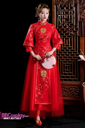 Hỷ Phục Tân Nương Đơn Giản - Thêu Hỷ Vàng Trên Áo