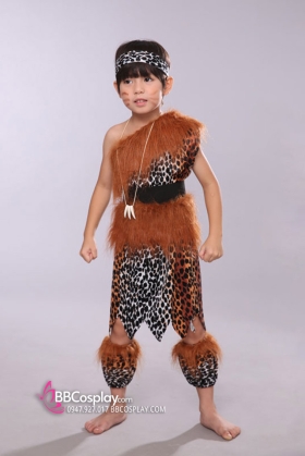 Đồ Thổ Dân Da Beo Cho Bé Trai Viền Lông Vai Chéo