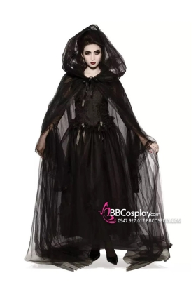 Trang Phục Nữ Phù Thủy Đen Có Choàng Voan Màu Đen