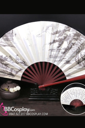 Quạt Lụa Xếp Trắng Cây Tùng