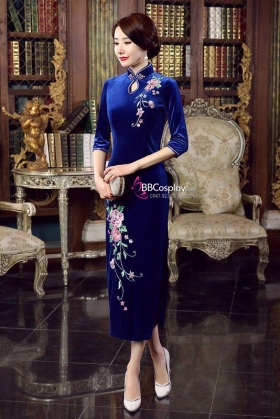 Sườn Xám Nhung Xanh Thêu Hoa