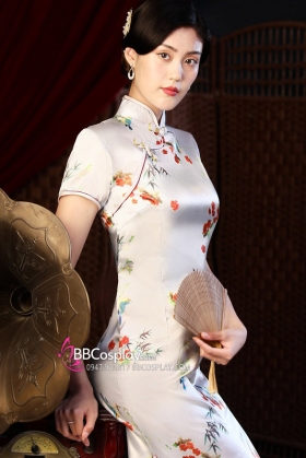 Sườn Xám Dài Trắng In Hoa