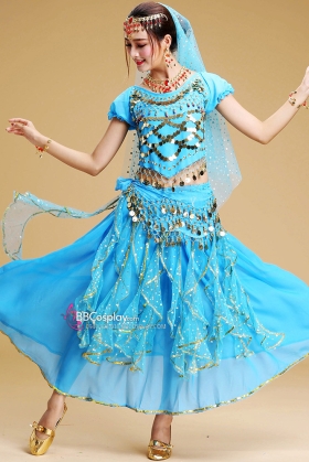 Trang Phục Múa Bụng Màu Xanh Nhạt Tay Dài Váy Kim Tuyến Rũ Mẫu Mới 2025