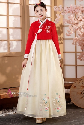 Hanbok Áo Đỏ Cổ Thêu Váy Voan Vàng Thêu Hoa
