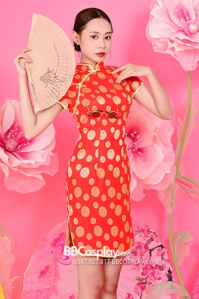 Xườn Xám Gấm Đỏ Đồng Tiền