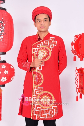 Áo Dài Nam Đỏ Hoạ Tiết Trống Đồng Dân Tộc
