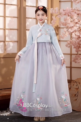 Hanbok Áo Xanh Cổ Thêu Váy Voan Xám Thêu Hoa Mẫu Mới