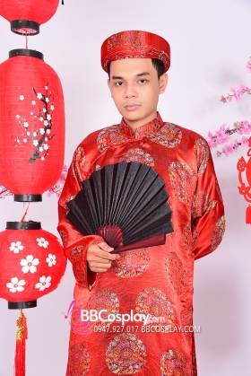 Áo Dài Cổ Truyền Nam Màu Đỏ Vải Gấm