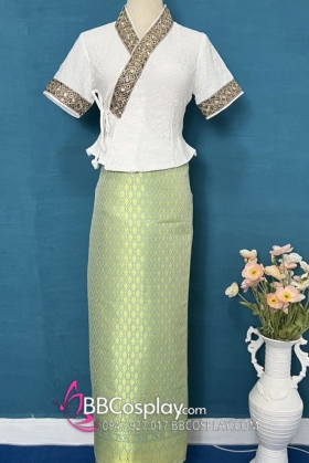 Trang Phục Nữ Thái - Vân Nam Áo Trắng Viền Đen Váy Xanh Lá