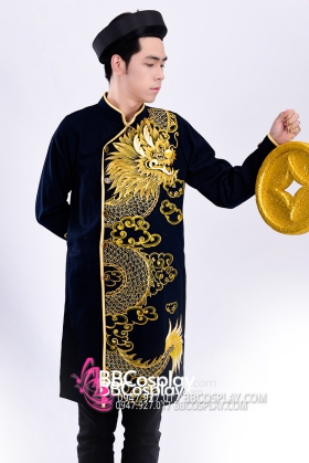 Áo Dài Nam Đen Vẽ Rồng Vàng