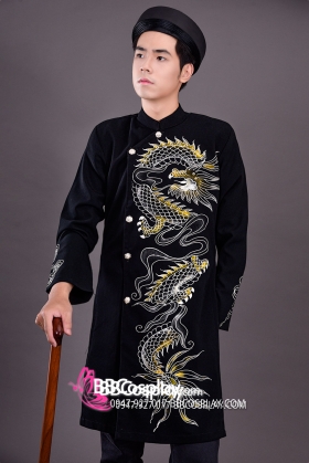 Áo Dài Nam Cách Tân Đen Vẽ Rồng Trắng