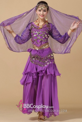 Trang Phục Cô Dâu Ấn Độ Tím Tay Dài Kim Sa